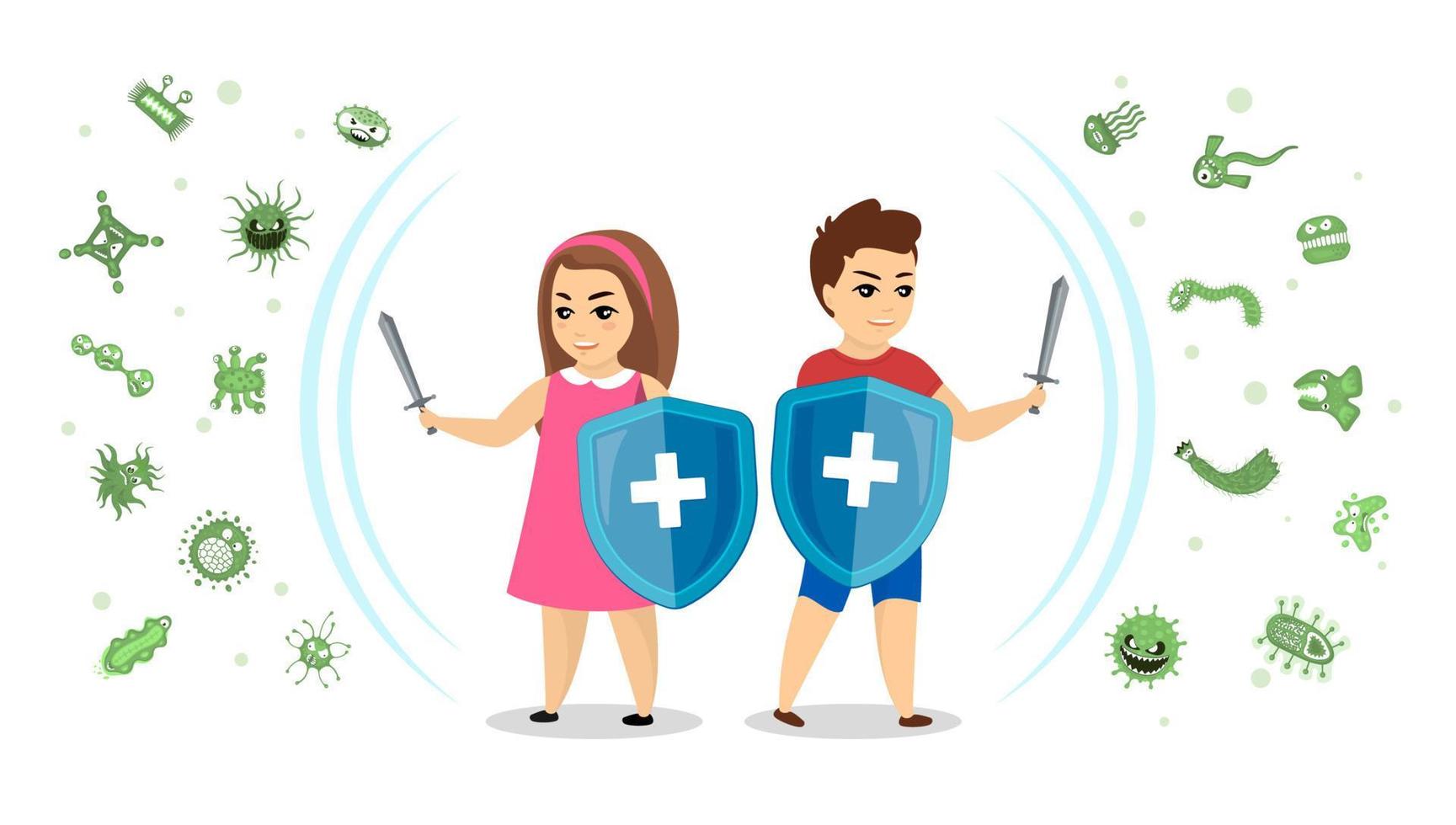 Children health care and epidemiology concept. Young boy and girl with shields protect from viruses and germs. Kid prevention and protection infection. Strong immunity in childhood vector illustration