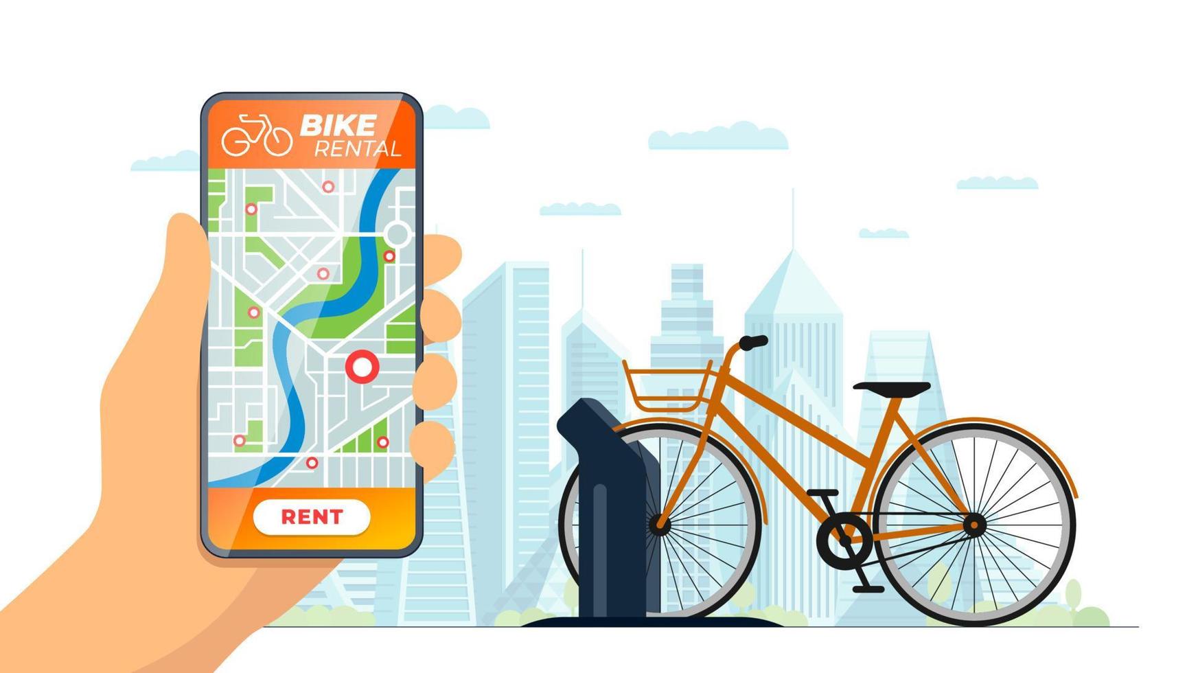 Bike rental mobile app banner. Hand hold smartphone with online application with bicycle rent station in modern city. Public cycle eco transport sharing service. Urban ecological transportation vector