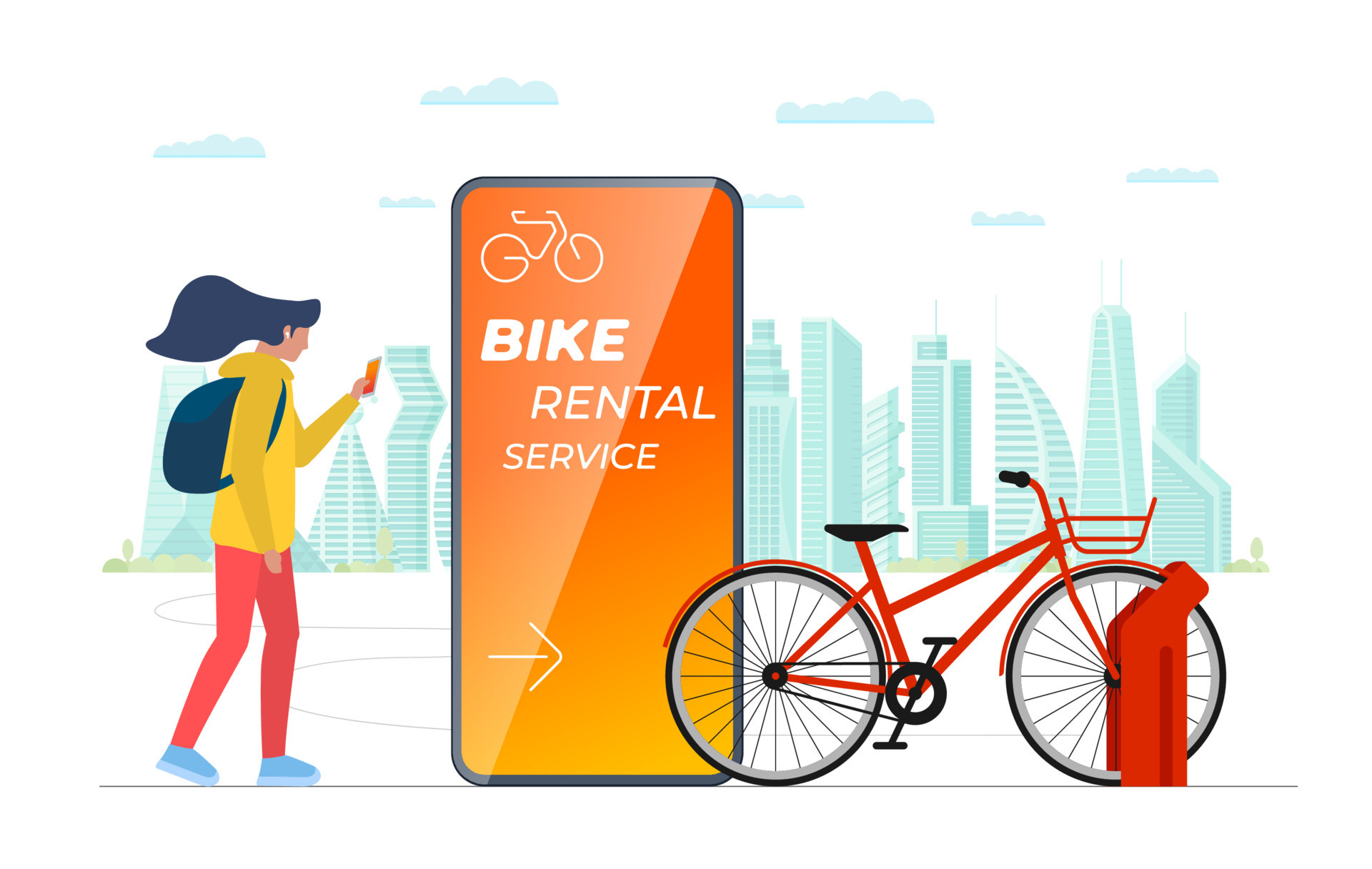 Woman touching smartphone screen with bike rental mobile app. Girl hold smart phone with online bicycle rent application in modern city