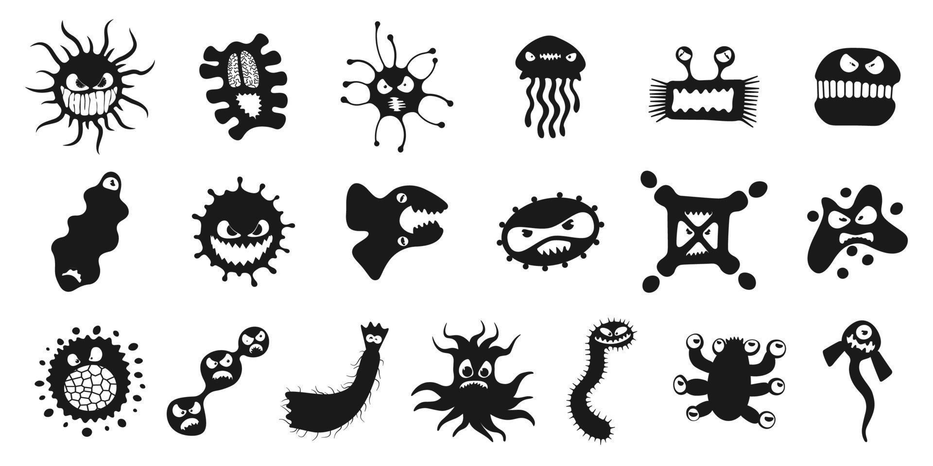 Microorganism virus vector cartoon bacteria germ character set. Bacterium illness infection collection microbiology illustration. Microbe pathogen monster organism black and white vector illustration