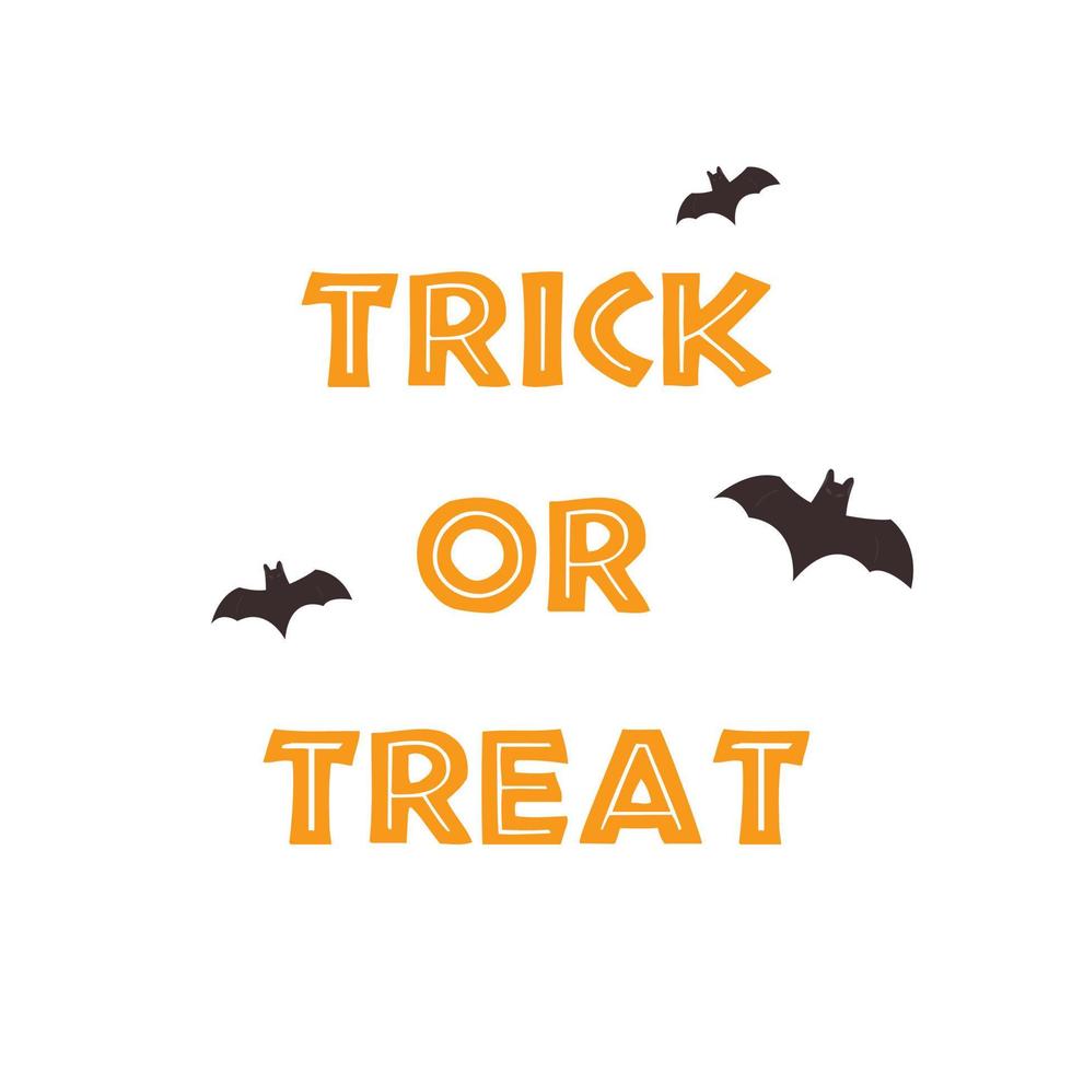 Trick or treat halloween candy party for kids. Creepy yellow text with flying bats. vector