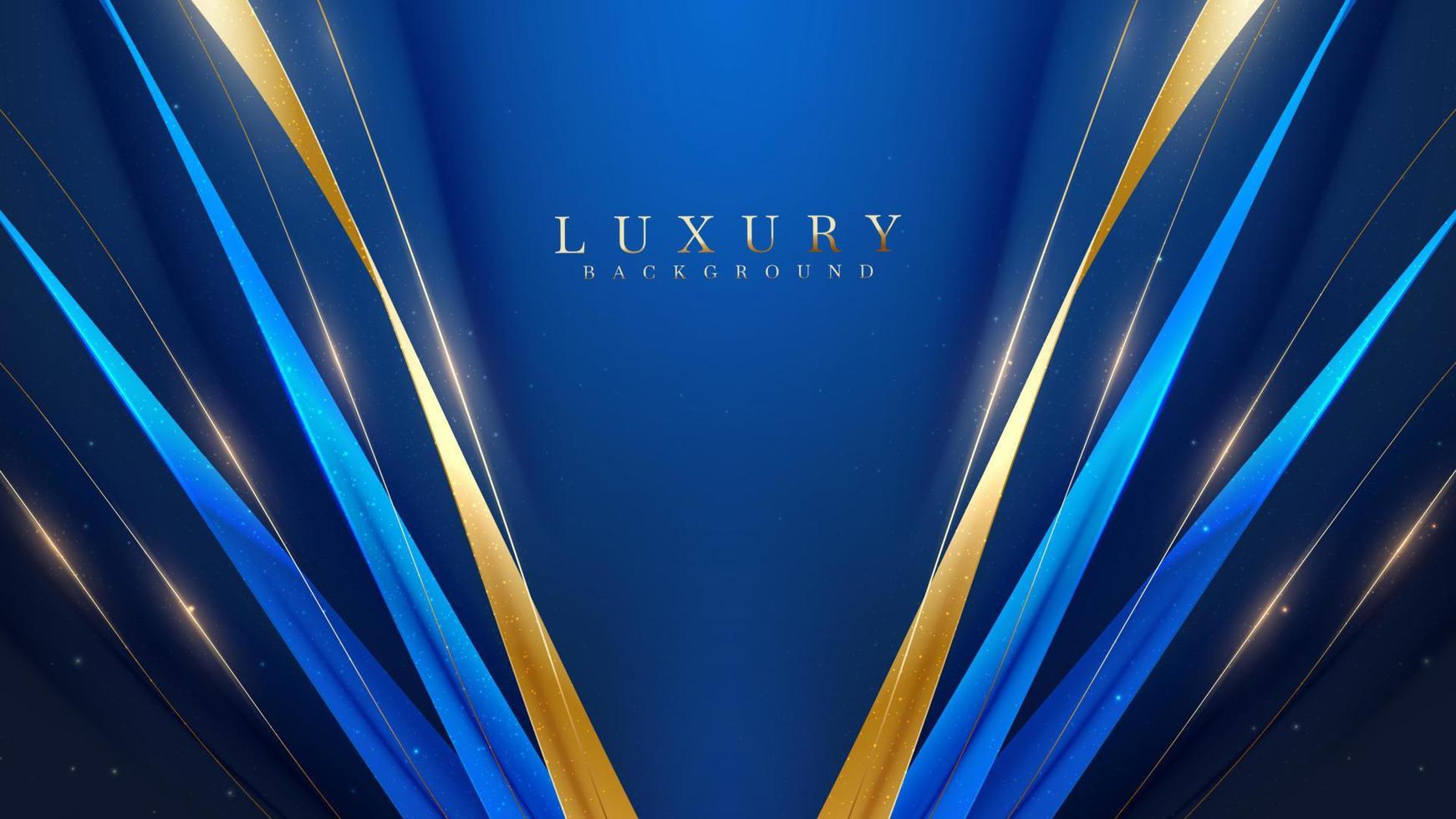 Blue luxury background with gold ribbon decoration and glitter light effect elements. vector