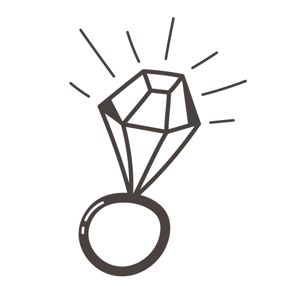 Wedding ring with a large diamond on a white background. Black and white image for design. Isolated vector illustration in the style of doodle. Jewelry made of precious stones.