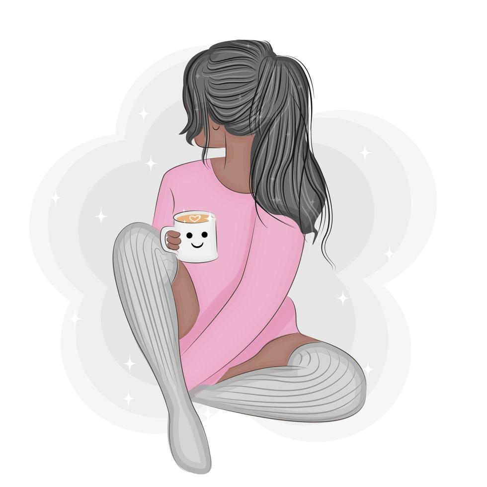 Girl Stylish brunette in stockings drinking coffee, trendy vector illustration for printing on textiles, cards or packaging