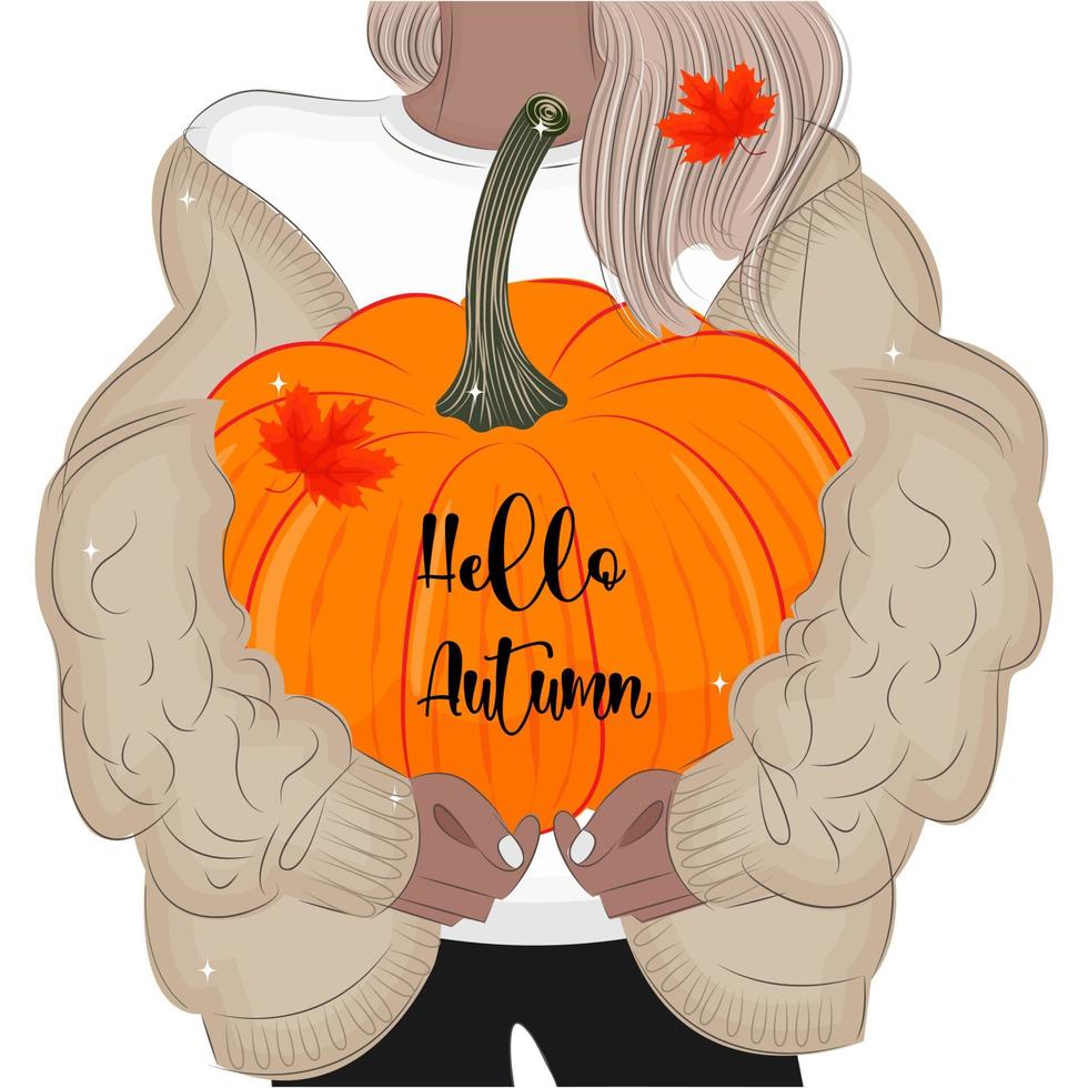 Hello Autumn, Cute illustration of a girl's hands holding a pumpkin, vector illustration, print