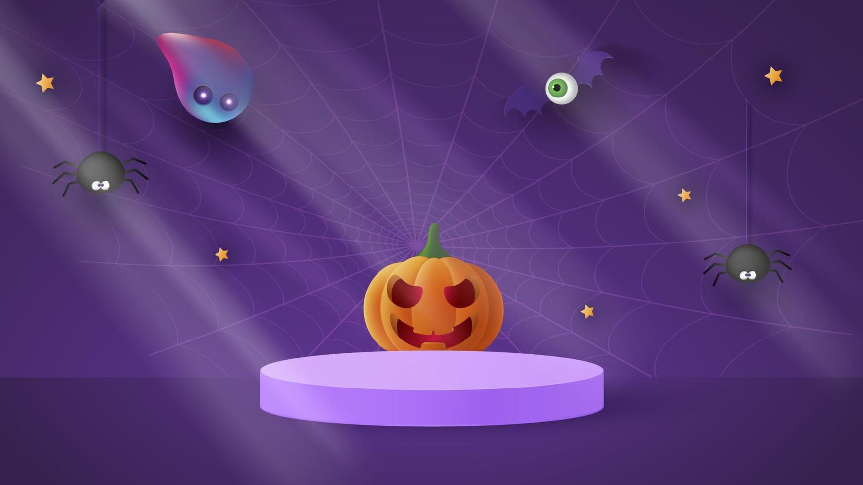 Happy Halloween banner or party invitation background with ghost and funny pumpkins Vector illustration. Full moon in the sky,Moonlight