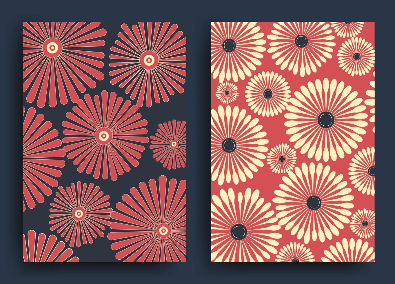 Dark blue and red Japanese and Chinese patterns with stylized flowers for the design of postcards, posters, envelopes, walls, paper. Vector illustration