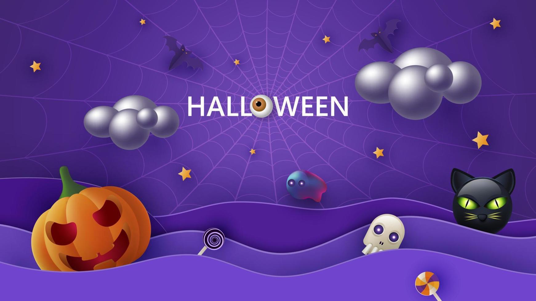 banner de feliz halloween o fondo de invitación de fiesta con nubes de tormenta, murciélagos, gatos y divertidas calabazas ilustraciones vectoriales. vector