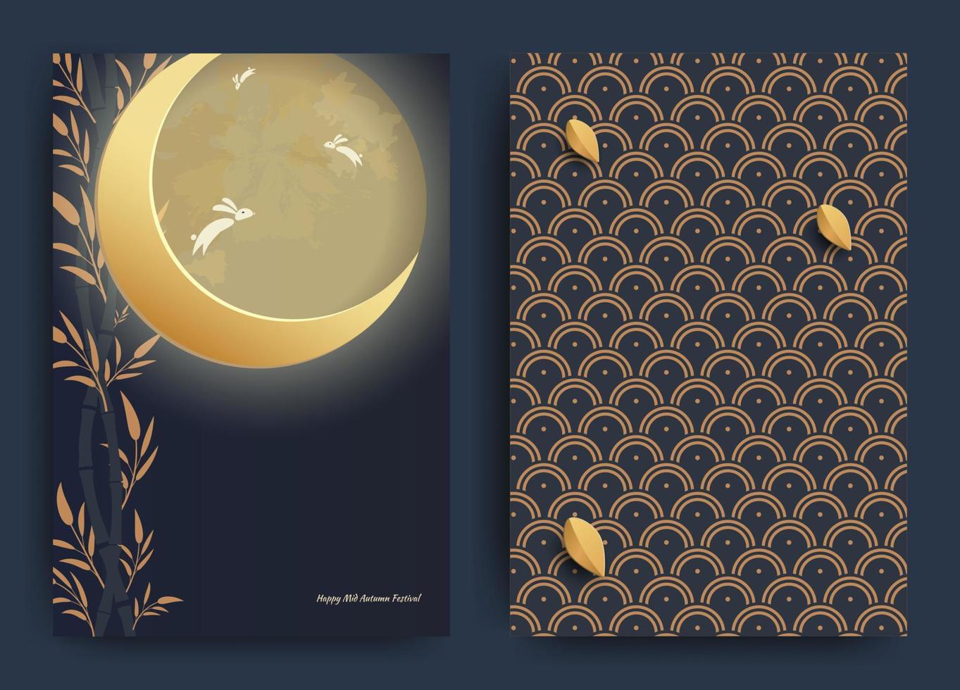 diseño de banner con patrones de círculos chinos tradicionales que representan la luna llena.hojas de otoño, oro sobre azul oscuro. vector