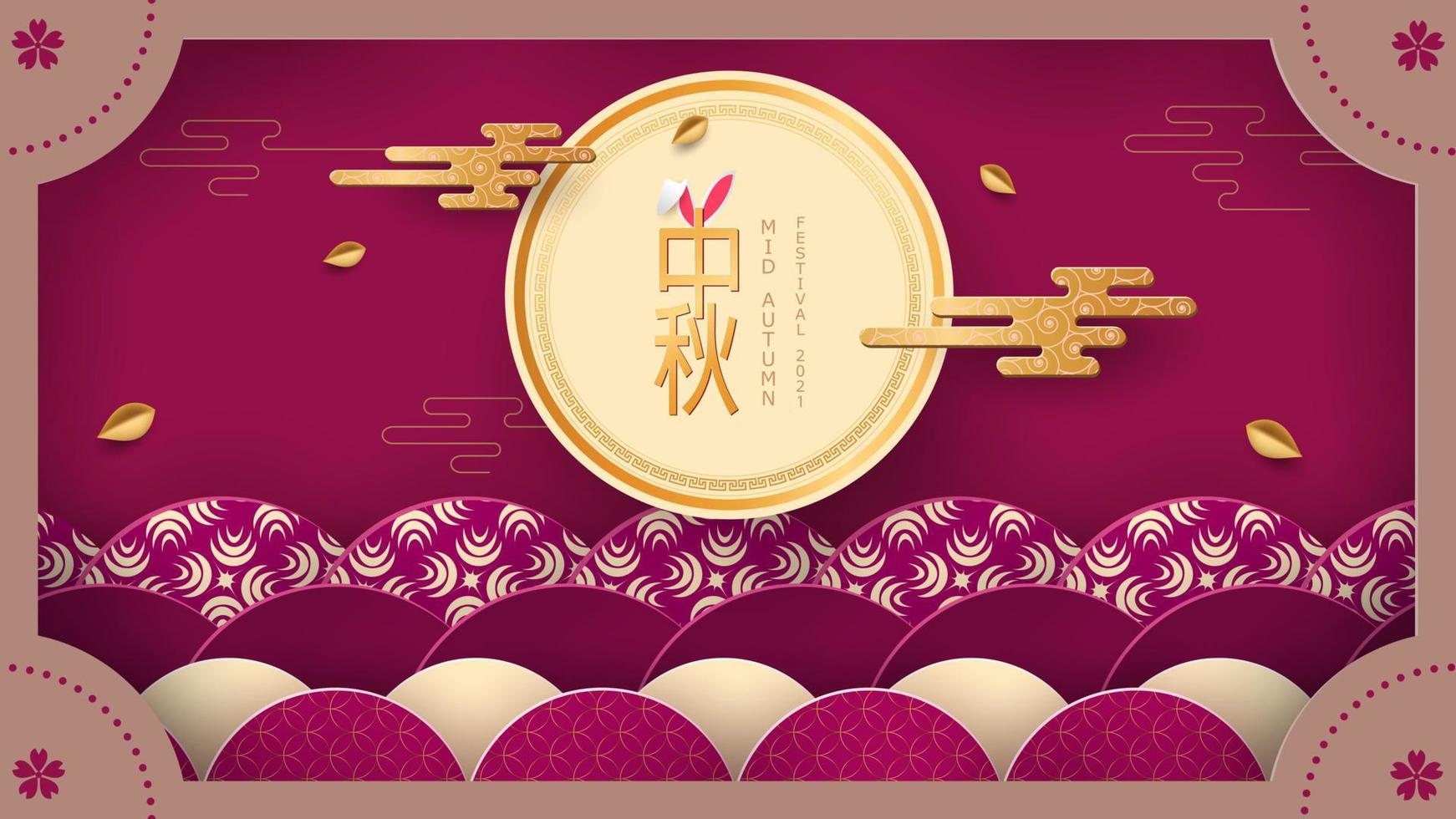 Banner design with traditional Chinese circles patterns representing the full moon,Autumn leaves Chinese text Happy Mid Autumn, Vector