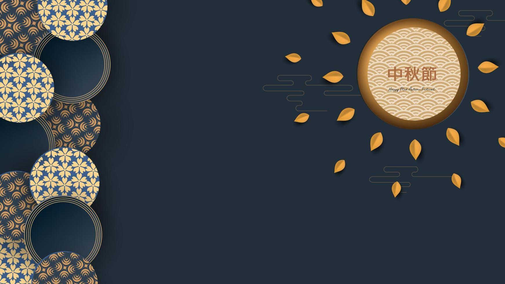 Banner design with traditional Chinese circles patterns representing the full moon,Autumn leaves Chinese text Happy Mid Autumn, gold on dark blue. Vector