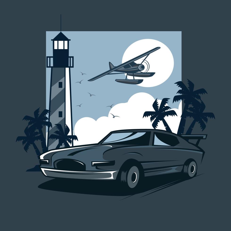 classic car and tower light vector