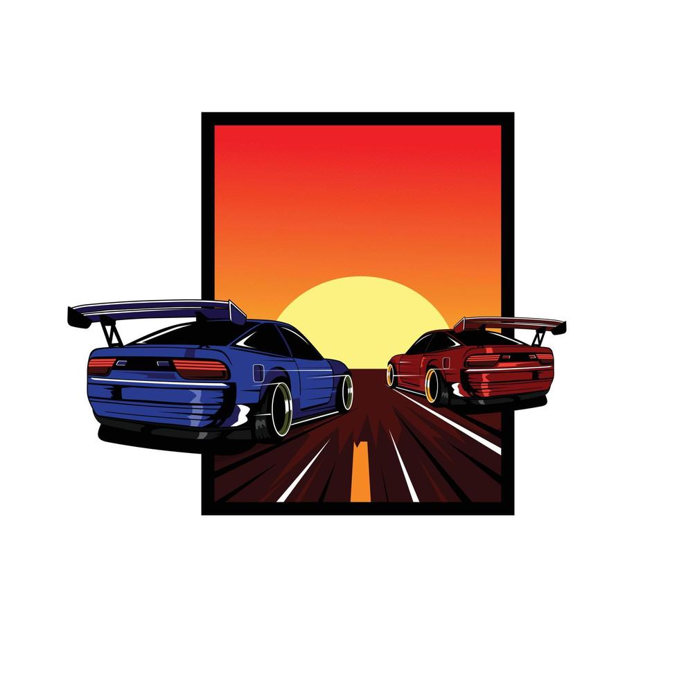 coche de carreras y puesta de sol vector