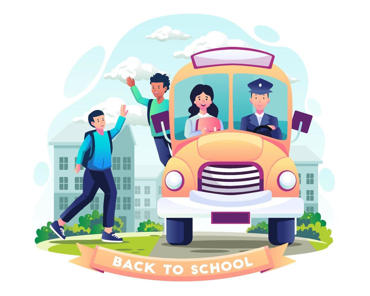 los estudiantes van a la escuela en autobús escolar y se saludan. diseño de concepto de regreso a la escuela. ilustración vectorial en estilo plano vector