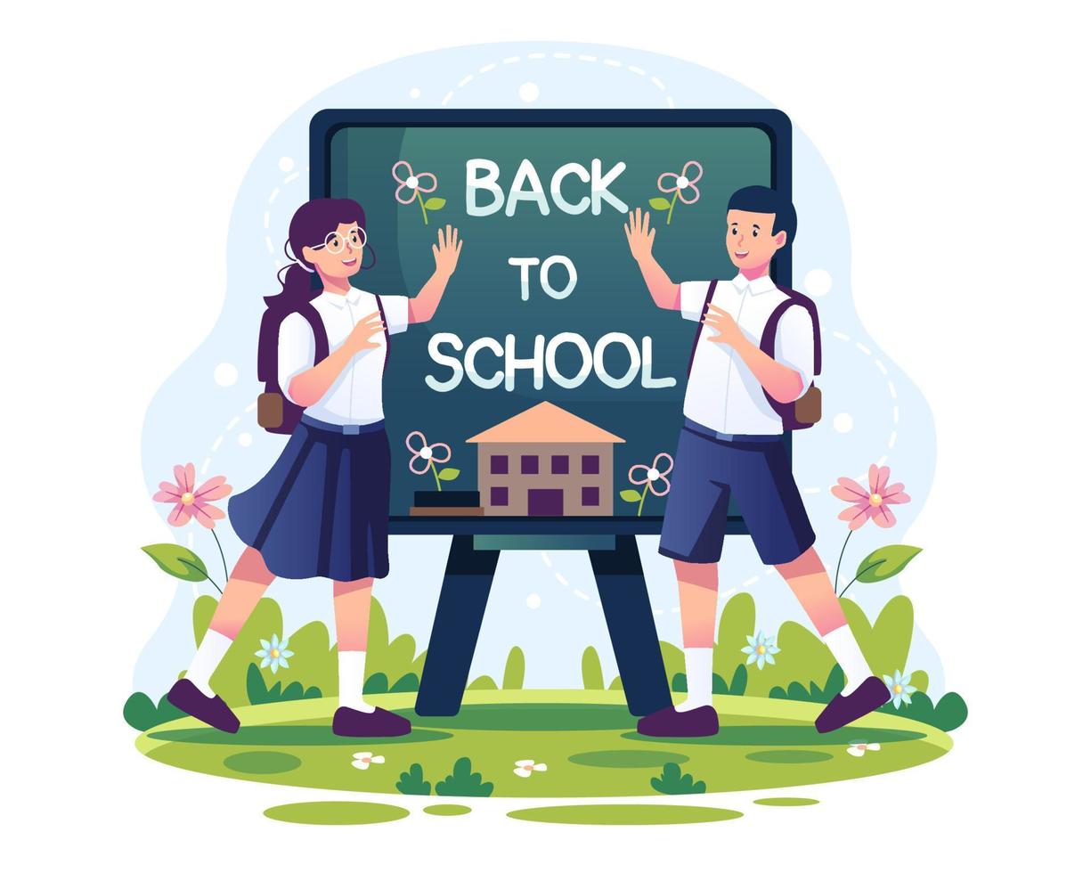 Back to school announcement in chalkboard frame with a schoolboy and a schoolgirl wearing the backpack greeting each other. Vector illustration in flat style