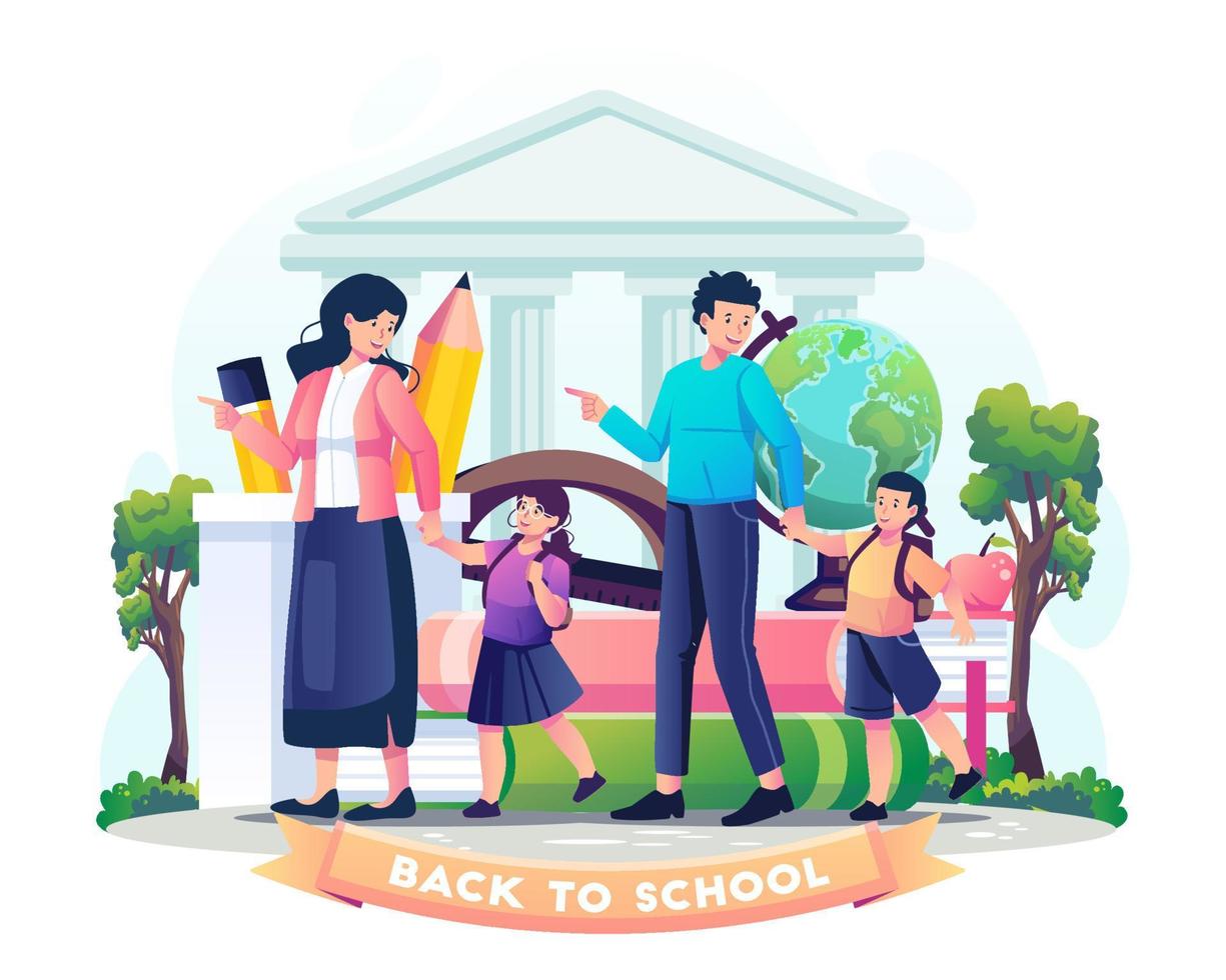 los estudiantes son acompañados por sus padres a la escuela. los padres llevan a sus hijos a la escuela. diseño de concepto de regreso a la escuela. ilustración vectorial en estilo plano vector