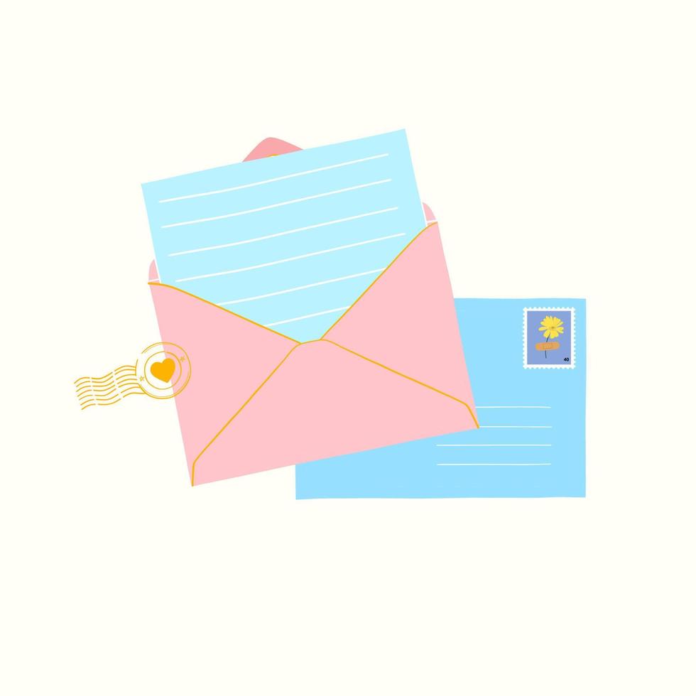 cartas, tarjetas y sobres. tarjetas postales dibujadas a mano y sobres con sellos postales. saludos de un amigo, enviando un concepto de amor en un estilo moderno y plano vector