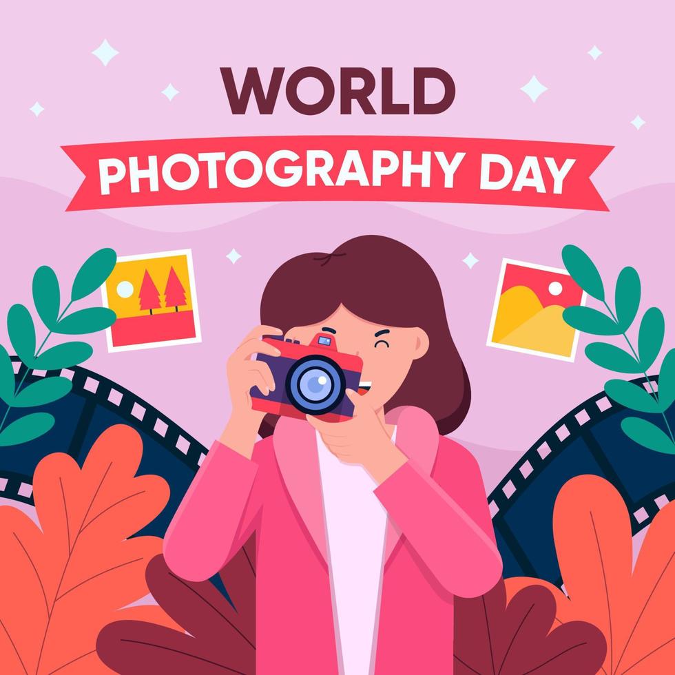 celebración del día mundial de la fotografía con niña trae cámara vector