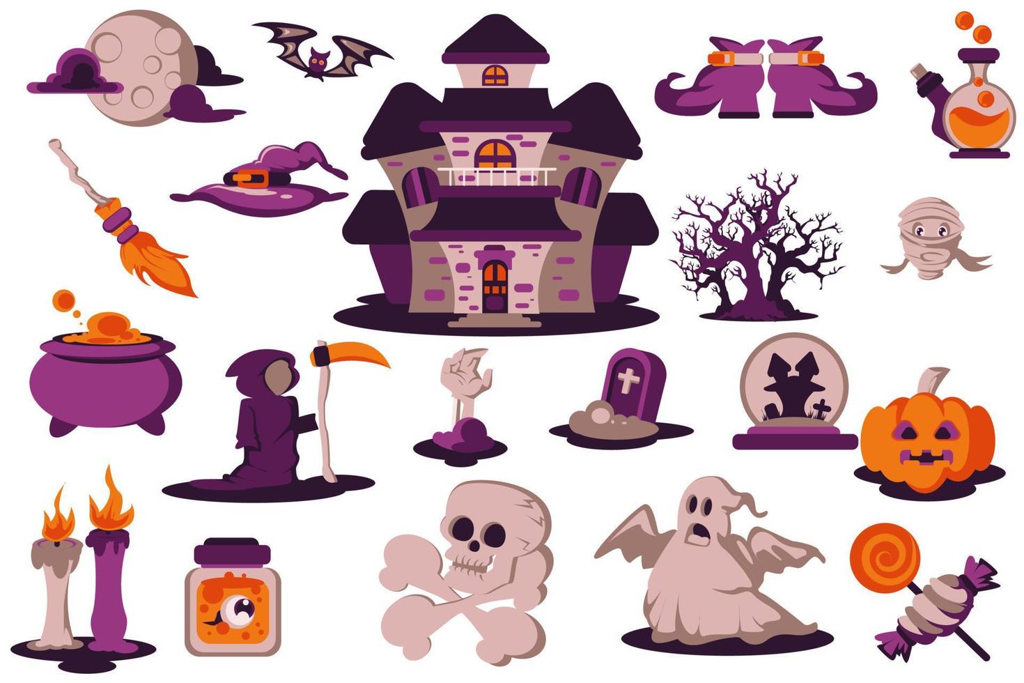 conjunto de vectores de ilustración de personajes de halloween púrpura y naranja