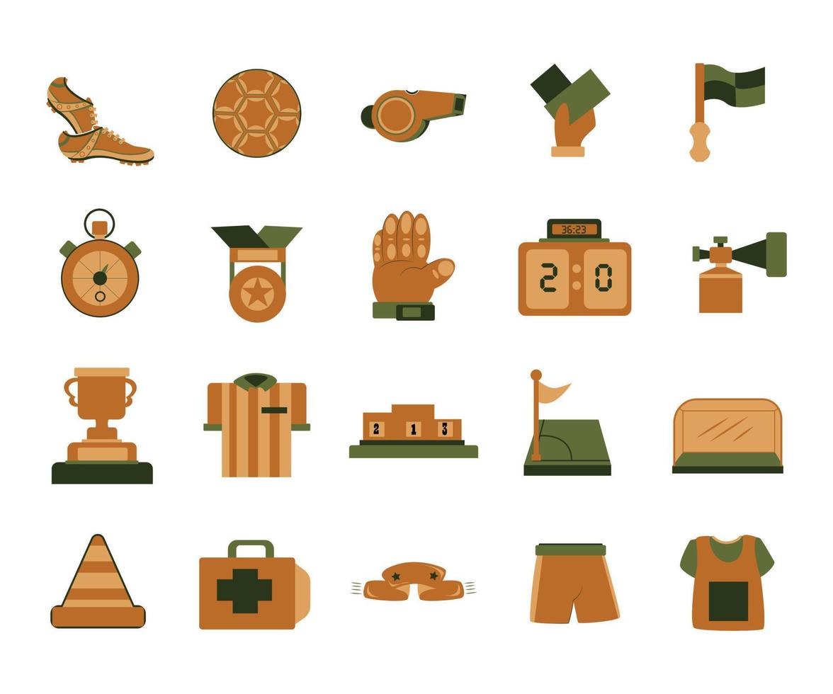 estilo plano de colección de iconos de deporte de fútbol verde y marrón vector