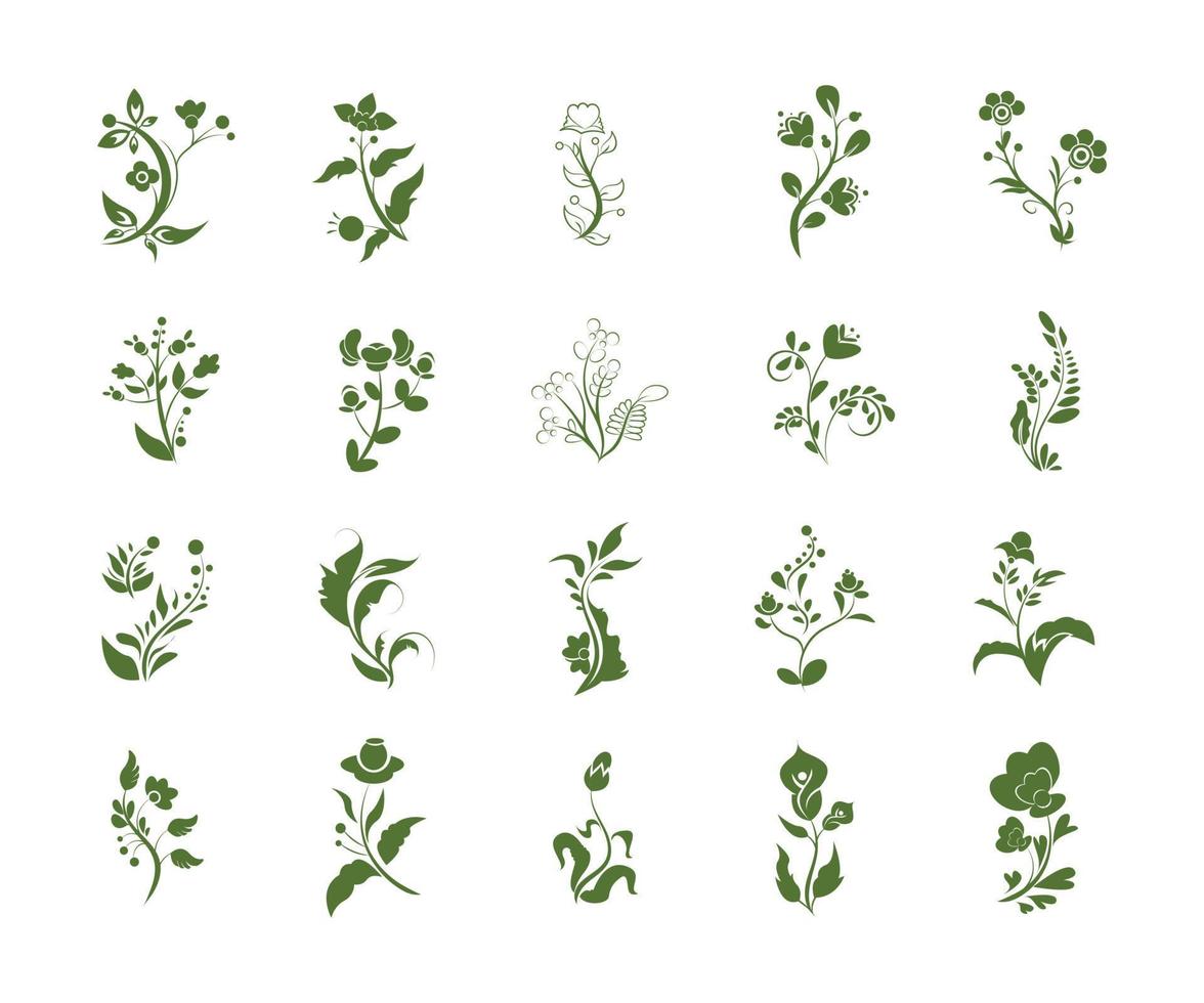 green flower collection element set flat style vector