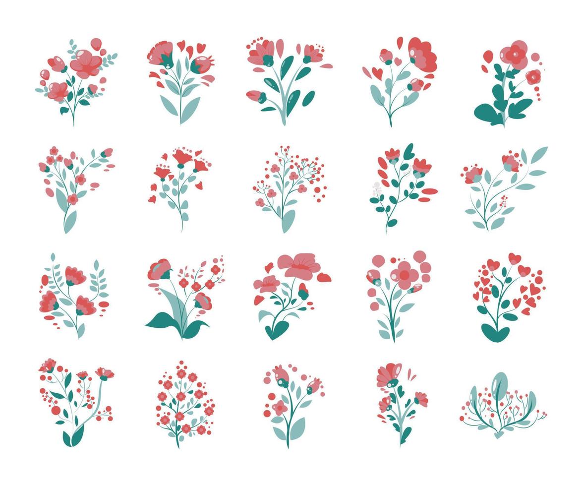 pink flower collection set illustration flat style vector