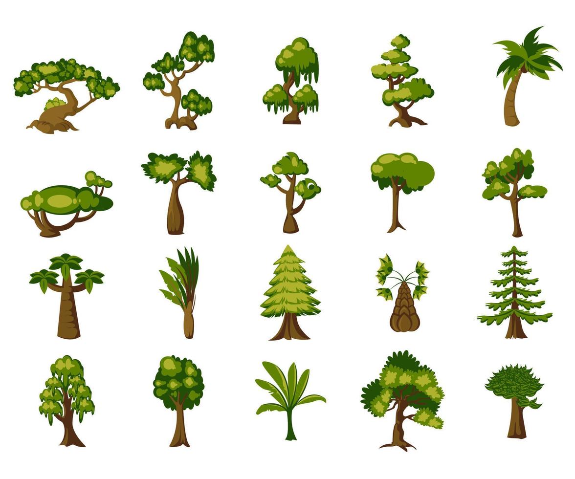 ilustración de vector de árbol verde y marrón conjunto estilo plano