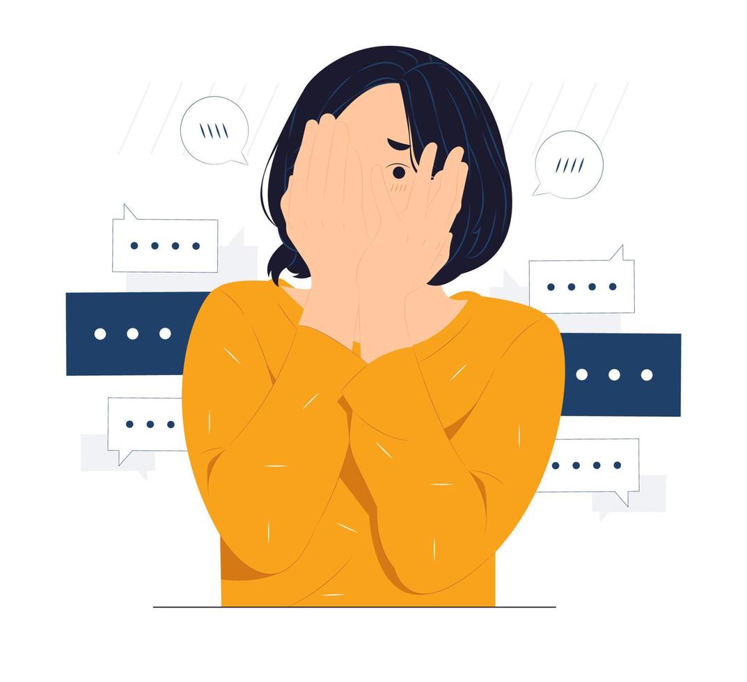 Timid woman covering face with hand and peeking through, embarrassing, feeling sorry, shying concept illustration vector