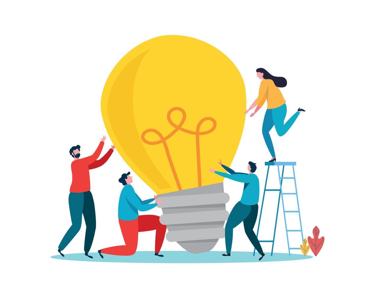 People Brainstorming for new idea, creative business ideas with a light bulbs. Business solution concept. Flat cartoon vector illustration