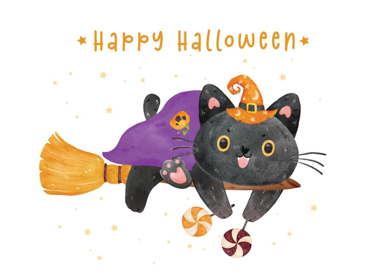 lindo gato negro de halloween usar sombrero de bruja en escoba voladora acuarela ilustración de dibujos animados vector