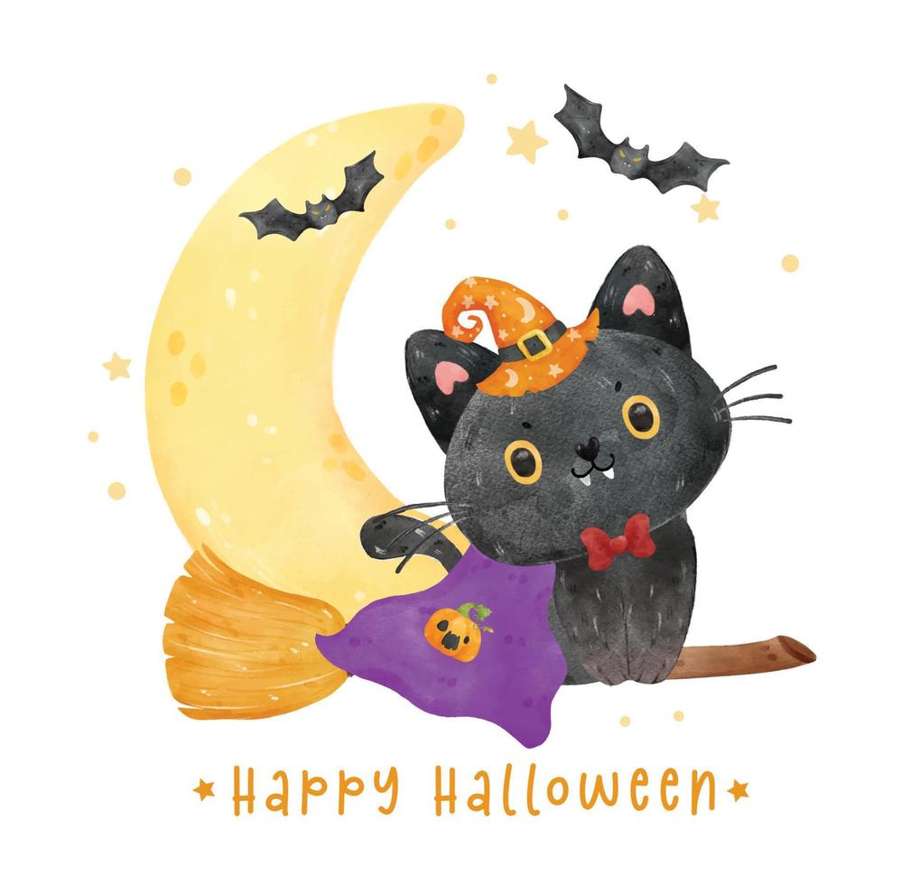 linda sonrisa traviesa halloween gato negro usar sombrero de bruja en escoba voladora pasar fase lunar y murciélagos ilustración acuarela vector