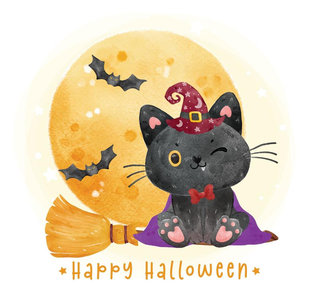 linda sonrisa divertida halloween gato negro bruja en escoba voladora con luna llena y murciélagos ilustración acuarela vector