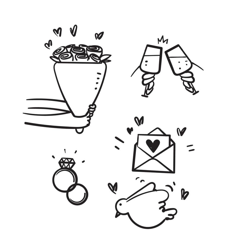 hand drawn doodle wedding icon collection illustration vector