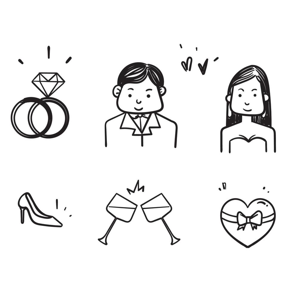 hand drawn doodle wedding icon collection illustration vector