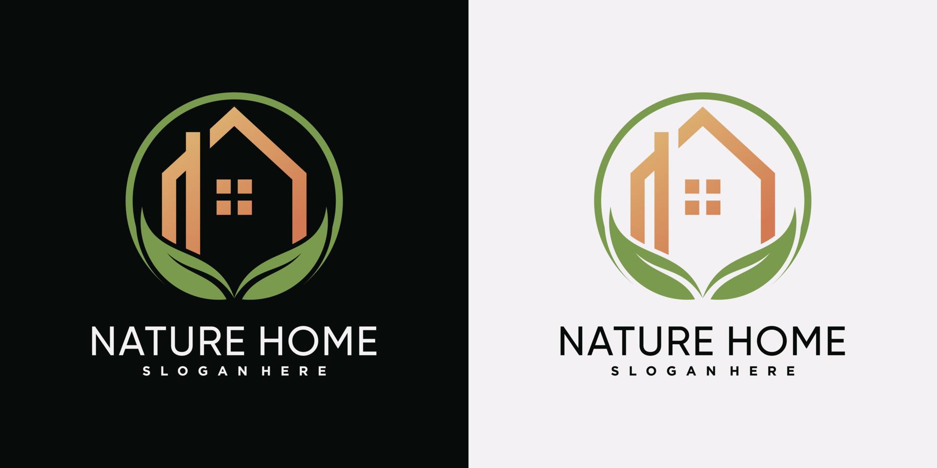 plantilla de diseño de logotipo de casa natural con hoja verde y elemento creativo vector