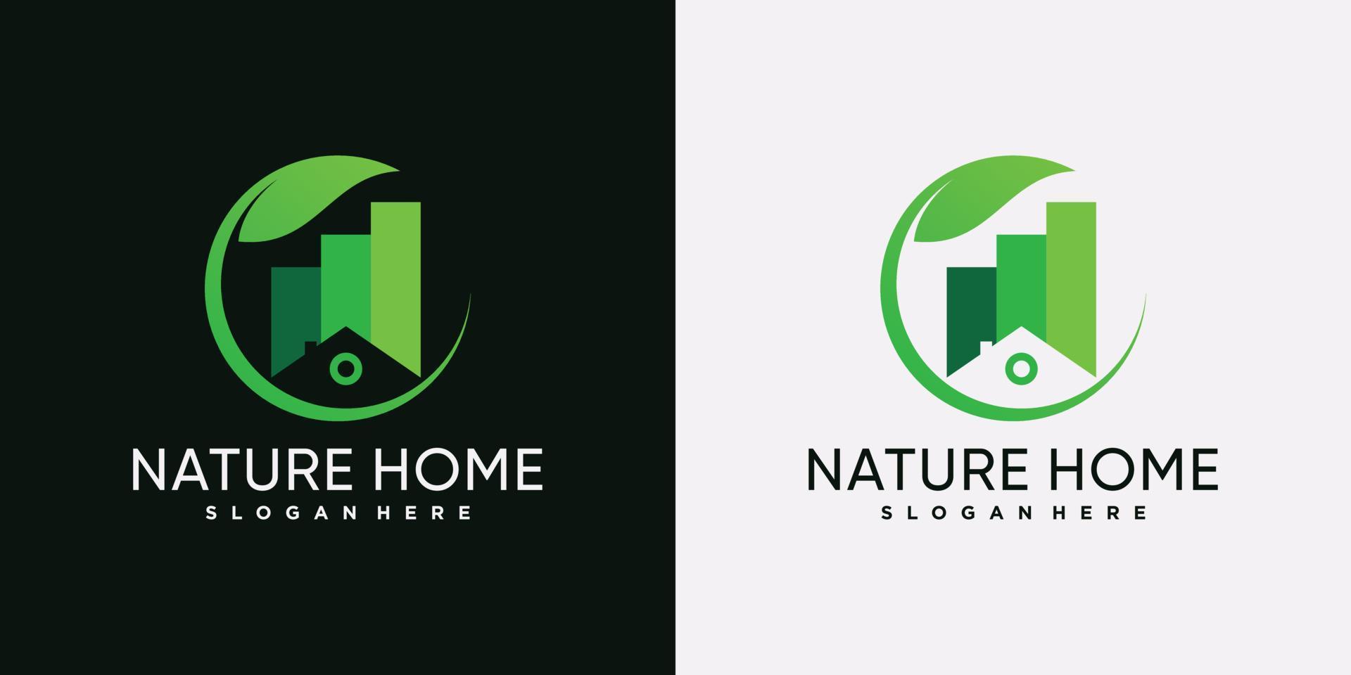 Nature house logo design template with green leaf and creative element vector