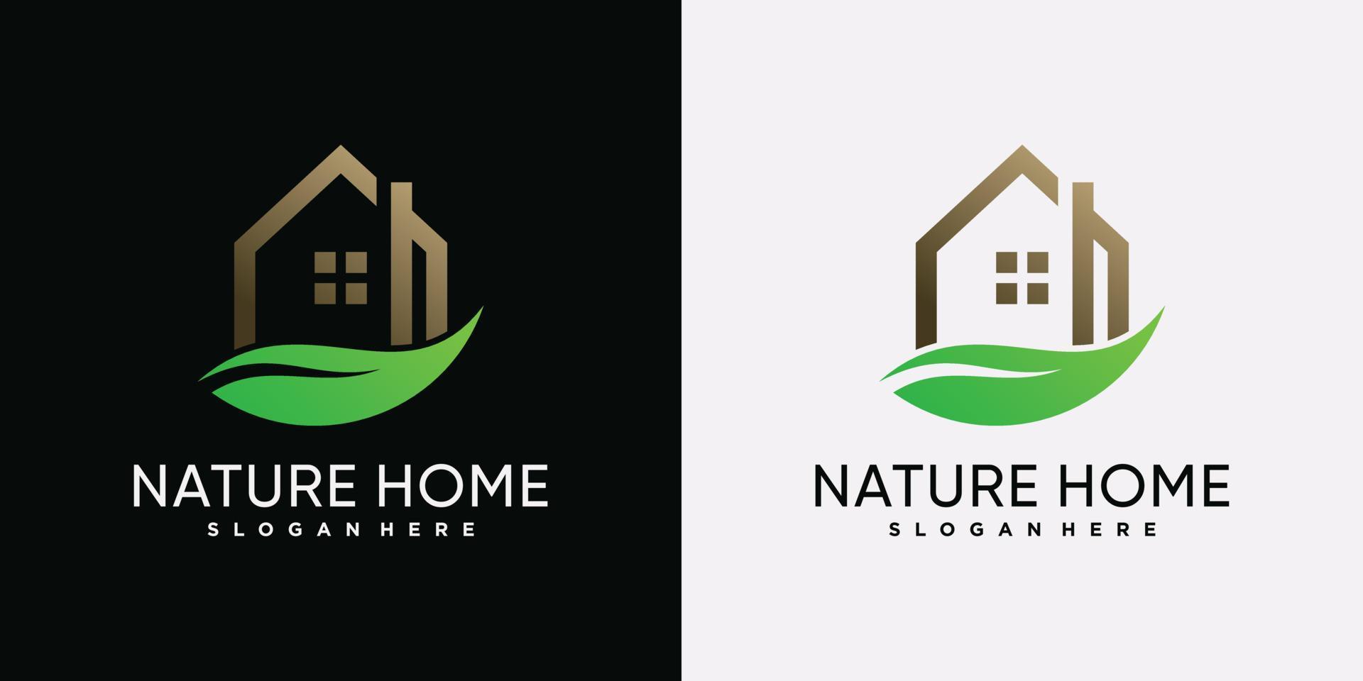 plantilla de diseño de logotipo de casa natural con hoja verde y elemento creativo vector