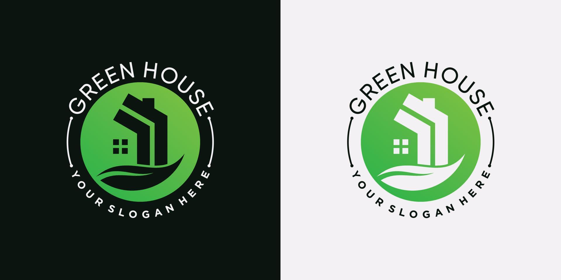 icono del logotipo de la casa verde con concepto de espacio negativo y elemento de hoja vector