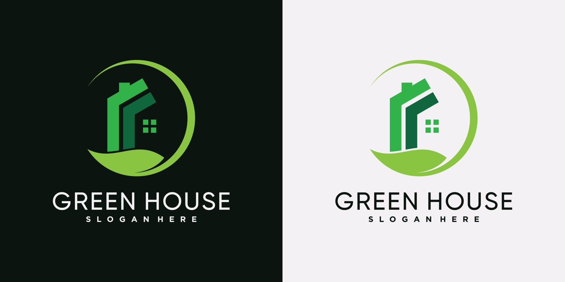 Green house logo icon with green leaf element and creative concept vector