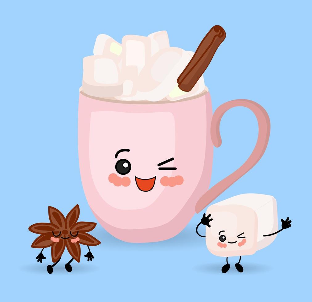 Cute manga cup with cappuccino and marshmallows. Pink color. Funny cartoon character vector