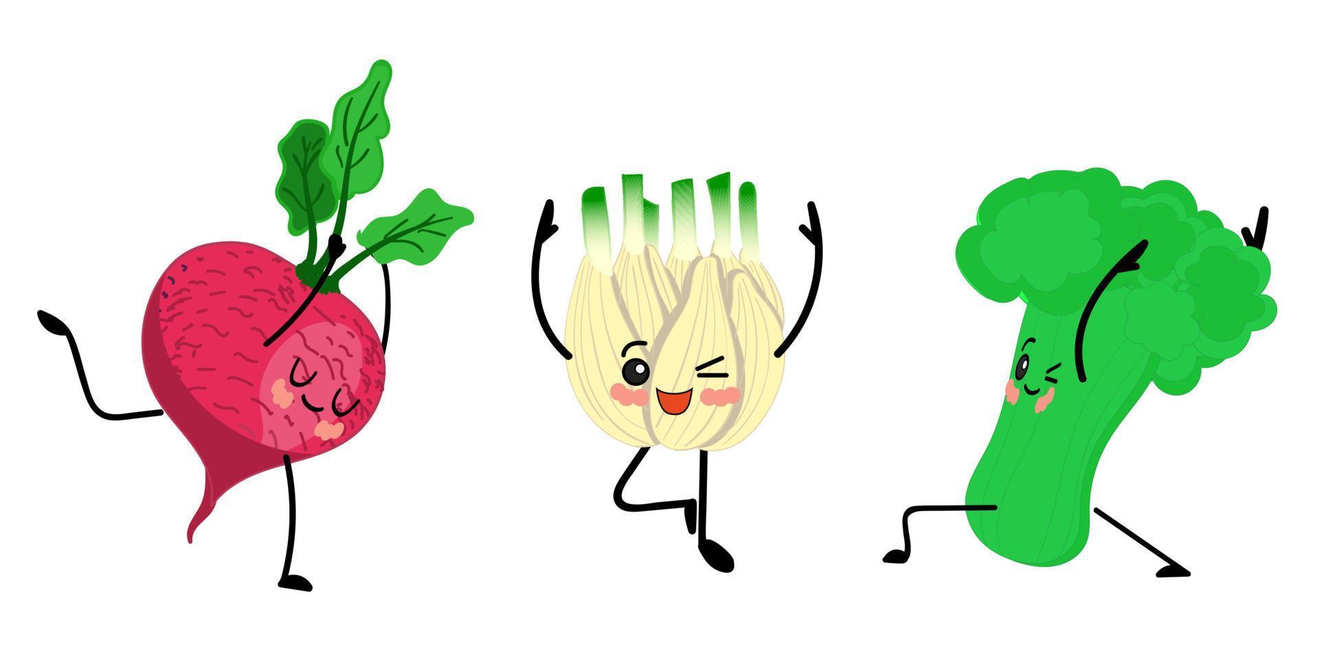 Radish root vegetable. Fennel spice. Broccoli cabbage. Cartoon cute food characters. Vegetables dance vector