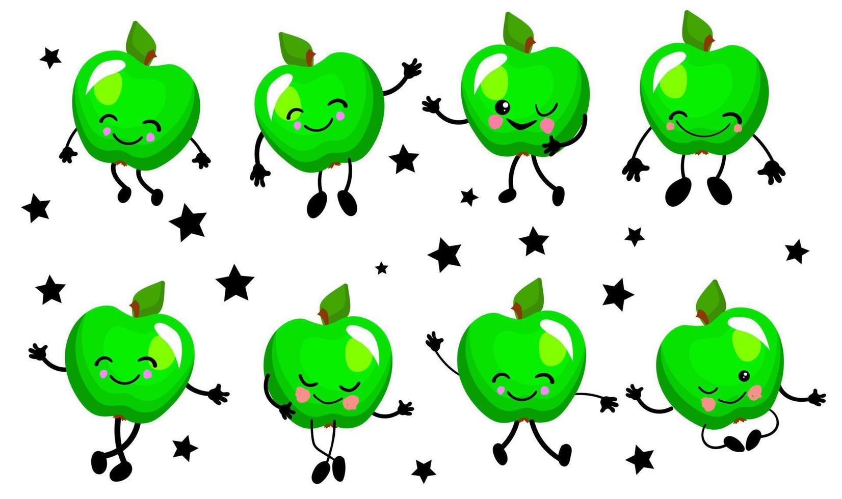 manzana verde. lindo personaje alegre con brazos y piernas. conjunto de frutas aislado sobre un fondo blanco. vector