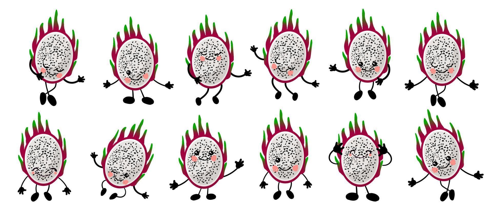 Dragon fruit. Pitaya. Cute character cheerful with arms and legs. Set of fruits isolated on a white background .. vector