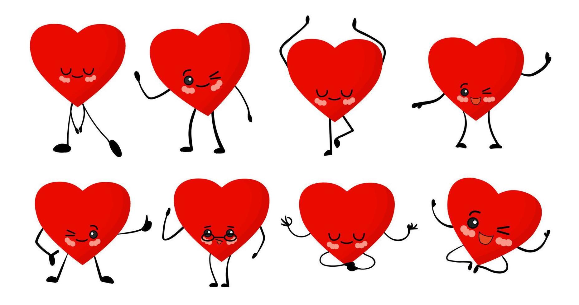 día de San Valentín. conjunto de pegatinas sobre un fondo blanco. lindos corazones de dibujos animados kawaii con ojos, brazos y piernas. carácter alegre del corazón rojo. vector