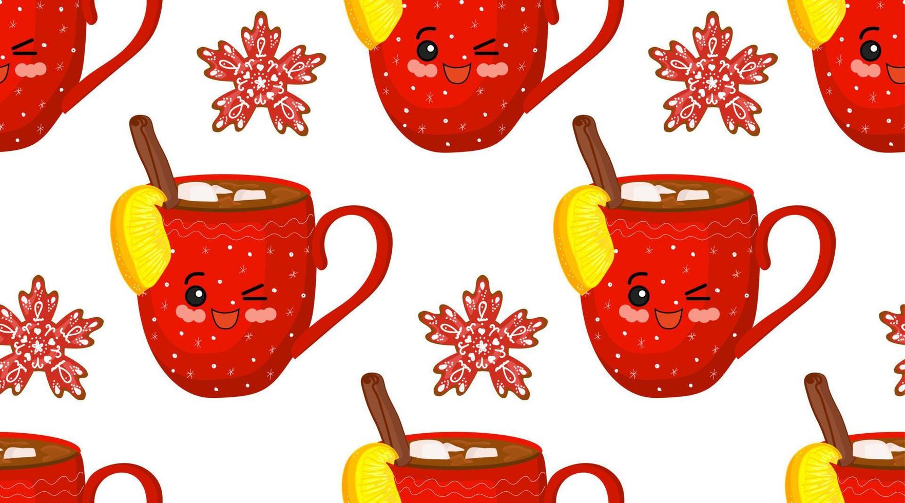 Winter cozy pattern. Hugge style. Red cups with a pattern. Snowflakes on a white background. Cinnamon and hot chocolate. vector