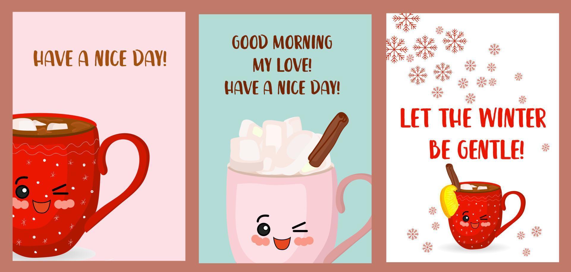 tarjeta de felicitación de feliz navidad. lindas tazas kawaii.chocolate caliente y capuchino. vector