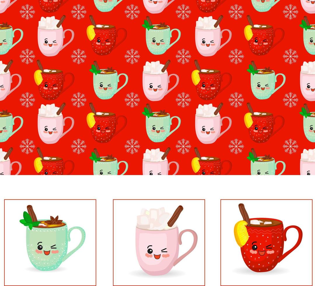conjunto de lindas tazas kawaii de dibujos animados. personajes con manos y una sonrisa. ilustración aislada sobre fondo blanco. patrón de navidad rojo. vector