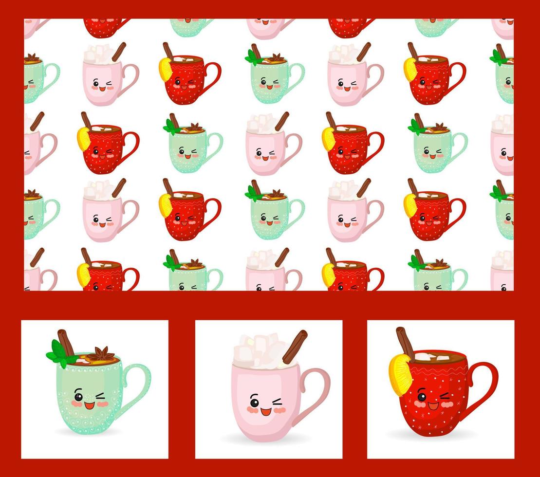 Christmas set. Greeting cards and pattern. Clipart cups. Cute cartoon characters. vector