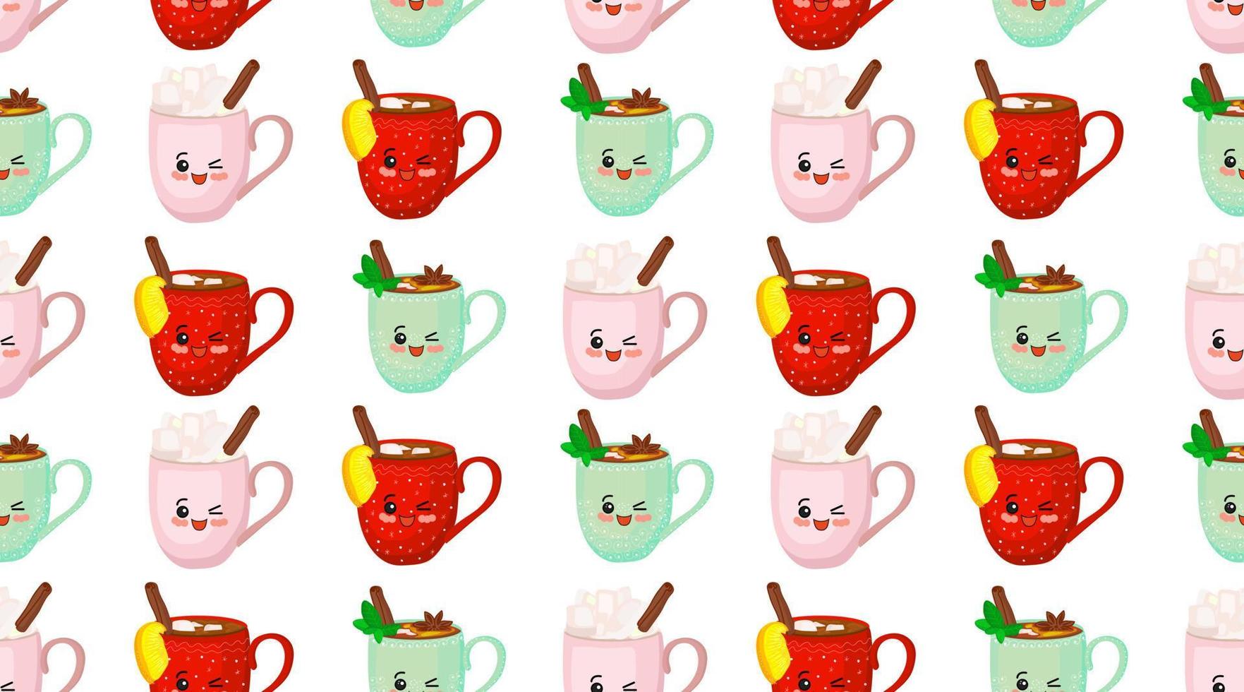 Merry Christmas. Cute patterns with kawaii cups. Hot drink. New Year characters. vector