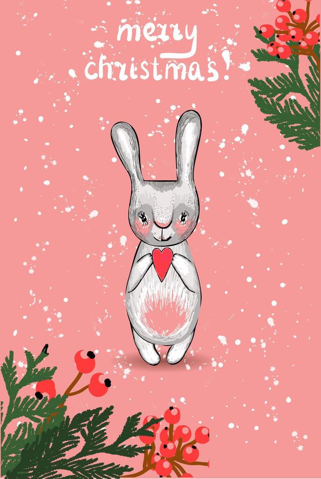 Christmas card. Vector illustration. New Year's rabbit. Coniferous branches and decorations.